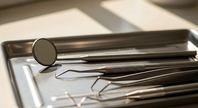 Dental tools on a tray for examination. - Powered by Adobe