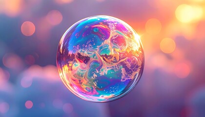 Colorful iridescent bubble against a bokeh background