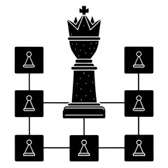 A strategic chess board with a golden king and flowchart elements on a white background