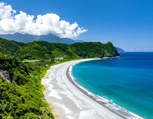 A breathtaking coastal view showcases a pristine beach, vibrant turquoise waters, and lush green hills.