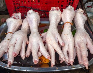 Display of prepared chicken feet for culinary use on a metal platter