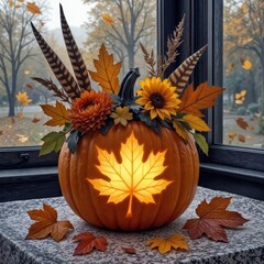 A beautifully carved pumpkin showcases a glowing maple leaf, surrounded by flowers, pheasant feathers, and autumn foliage, while leaves gently fall from the trees in the background