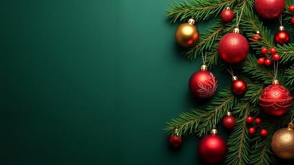 A green background with red and gold ornaments hanging from a tree.