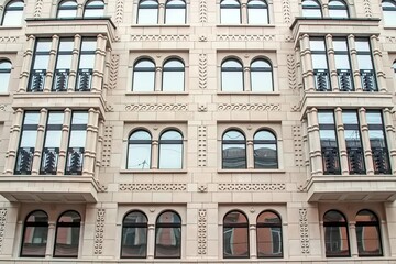 Obraz premium The image showcases a building facade with repeating arched windows and intricate decorative elements. The symmetry creates a harmonious architectural design