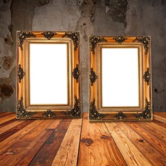 Two antique frames on wooden floor, against a textured wall