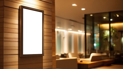 Blank advertising billboard mockup displayed on a wooden wall in a modern, upscale interior setting