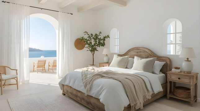 A bright and airy bedroom with a rustic wooden bed and a view of the ocean through an arched doorway.