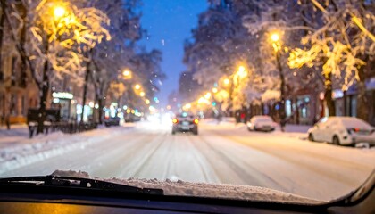 Fototapeta premium Driving through a snowy city street at dusk with streetlights illuminating the falling snow.