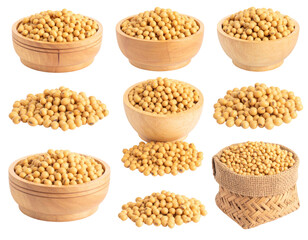 Fototapeta premium Various Angles of Soybeans Displayed in Wooden Bowls Ceramic Bowls and a Woven Basket with Transparent Background