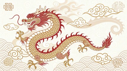 Traditional chinese dragon intertwined with clouds and wave patterns isolated on white background