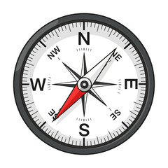 A detailed illustration of a classic compass with cardinal directions and a red needle.