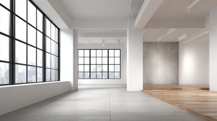 Obraz premium Spacious Modern Industrial Interior with Large Windows and Open Floor Plan for Commercial Use