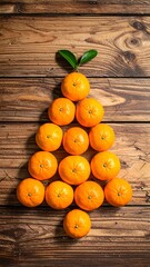Fresh oranges arranged to form a festive Christmas tree shape on a rustic wooden surface.