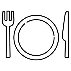 シンプルなお皿と横に添えられたナイフとフォークの線画イラスト