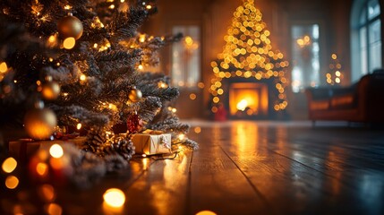 Obraz premium A Christmas tree with garlands and gifts creates a festive atmosphere for greeting cards, New Year's promotions, and family photo albums.