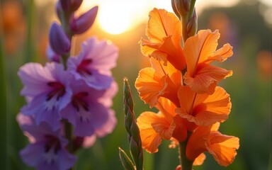 Sunlit Orange and Purple Gladiolus Blooms with Dew Drops. High quality
