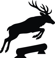 Minimal vector silhouette, stag leaping over low log, legs tucked, antlers swept back, side view, solid black