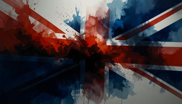 An artistic and abstract representation of the United Kingdom flag with watercolor paint splatters and grunge effects.