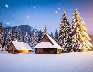 Snowy winter landscape with wooden huts