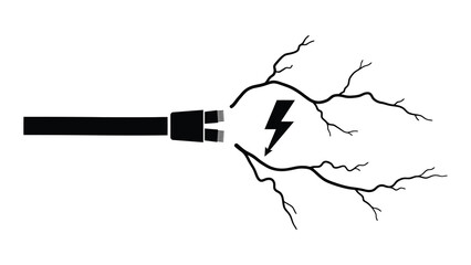 Damaged electric cable isolated on white background, short circuit danger flat icon
