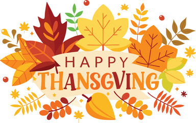 Happy Thanksgiving card with autumn leaves on a transparent background