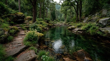Obraz premium Crystal-clear stream flowing gently through mossy rocks.