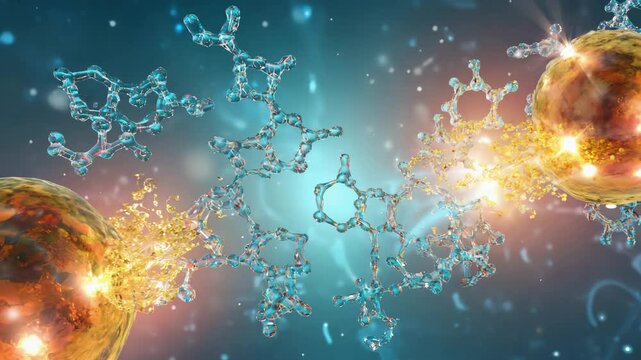 3D transparent peptide molecules dynamic nanoworld, enzymes small molecules reactions particle hydrogen bonds molecules, futuristic biotechnology scientific 4K UHD, seamless loop