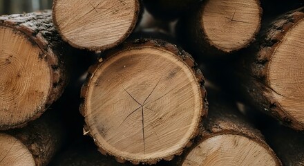 Close-up view of stacked wooden logs showing their circular cross-sections and natural tree rings.