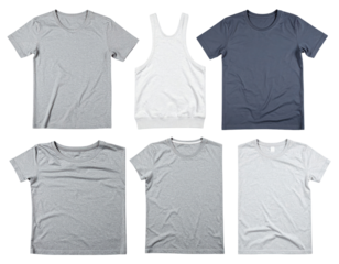 Collection of Various Gray and Blue Tshirts Isolated on Transparent Background in Studio Lighting Displaying Different Apparel Styles