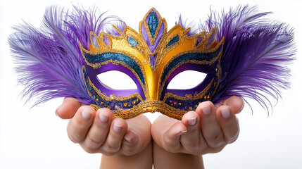 Colorful carnival mask held in hands with feathers and sparkle  
