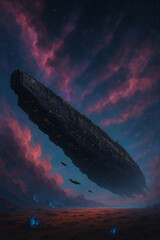 A colossal dark alien spaceship hovers over a desolate, glowing landscape under a dramatic, vibrant, cloud-filled sky at twilight.