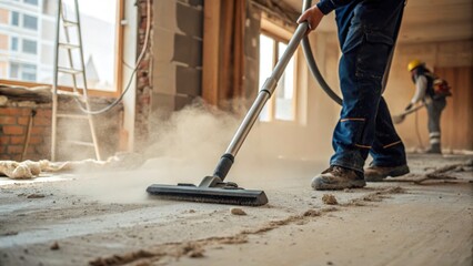 Commercial high-resolution photo of construction cleaning service. dust removal with vacuum cleaner. close up view.