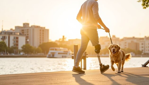 Disabled man walking golden retriever dog by the river at sunset - Powered by Adobe