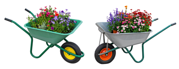 Two Garden Wheelbarrows Filled with Colorful Flowers on a Transparent Background with Green and Silver Carts