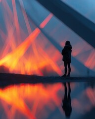 Business silhouette digital data concept Silhouette of a Person at Sunset with Colorful Reflections in Water showcasing elegant artistic design, professional composition, colorful tones
