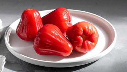A close-up view of several vibrant red rose apples arranged attractively on a white plate, showcasing their glossy surfaces and unique shapes.