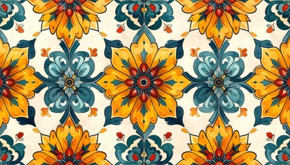 A vibrant, symmetrical pattern of stylized flowers in a repeating tile design, showcasing a rich palette of yellow, blue, and red accents against a cream background.