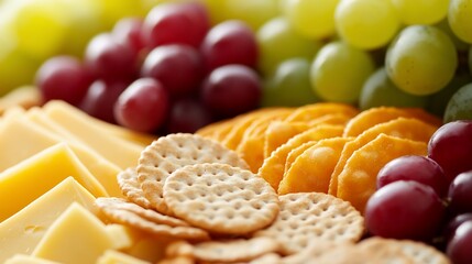 Delicious assortment of cheese, crackers and grapes close up detailed shot