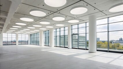 Fototapeta premium Commercial high-resolution photo of empty white room with panoramic windows and seamless spherical HDRI panorama for office or store.