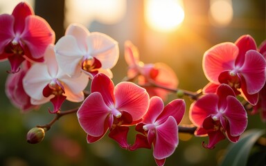 A vibrant red and white floral garland with delicate orchids, glowing under golden hour light for Singapore's celebration. High quality