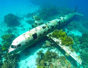 Sunlit plane wreck in a vibrant coral reef