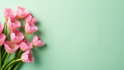 A bunch of pink tulips on a green background.