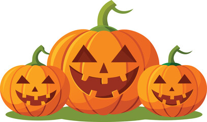 Set of Halloween monster jack-o'-lantern, orange pumpkins, carved, glowing, scary faces