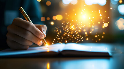 Hand holding pen writes in notebook, surrounded by magical glow and sparkling lights, creating inspiring atmosphere