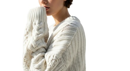 Woman in Cream Cable Knit Sweater