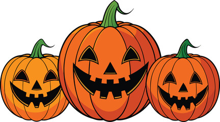 Set of Halloween monster jack-o'-lantern, orange pumpkins, carved, glowing, scary faces