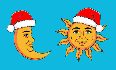 Vector illustration of the sun and crescent moon with human faces wearing Santa Claus hats. Bright festive design on a blue background, perfect for holiday cards, decorations, and seasonal artwork.