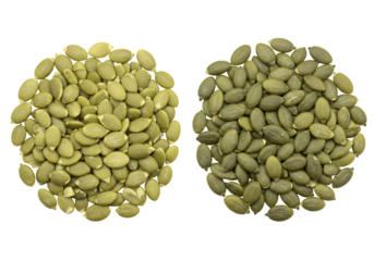 Pumpkin seeds two piles of green pepitas on transparent background