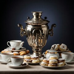 A traditional Russian samovar is surrounded by teacups, a sugar bowl, and plates of sweets on a table with a dark background
