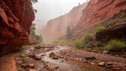Rain-soaked Desert Canyon – Rare desert rain creating tiny rivulets between red canyon walls.